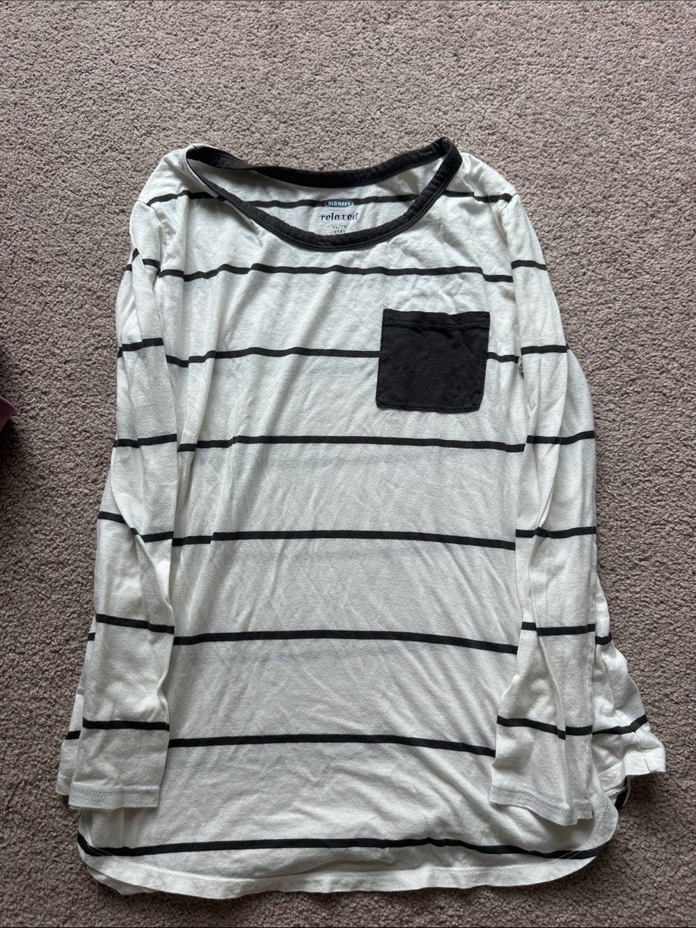 Old Navy White Long-Sleeve Tee with Black Stripes and Black Pocket